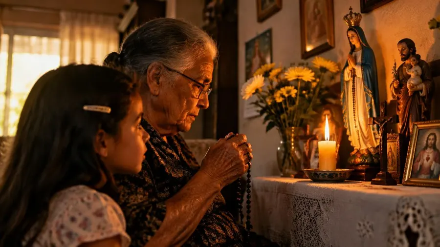 Avó rezando o terço diante do altar da família